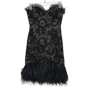 Sherri Hill Feather Trim Embellished Lace Bustier Black Mini Dress Women's sz 0